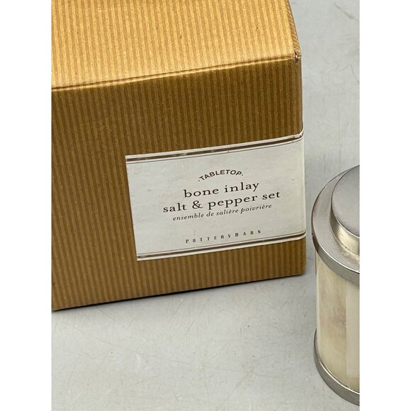 pottery barn tabletop bone inlay salt & pepper shakers set white silver READ NEW - Picture 4 of 5